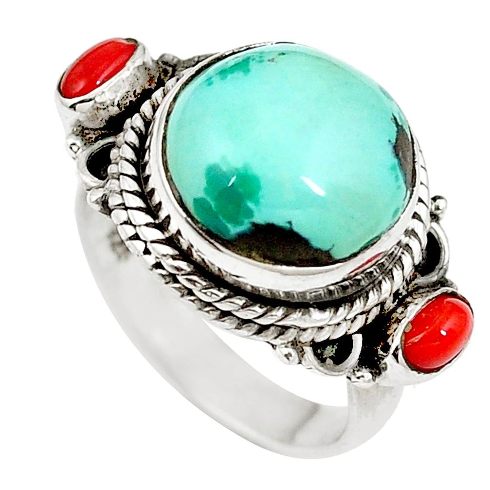 Natural green turquoise tibetan coral 925 silver ring size 6 d27456