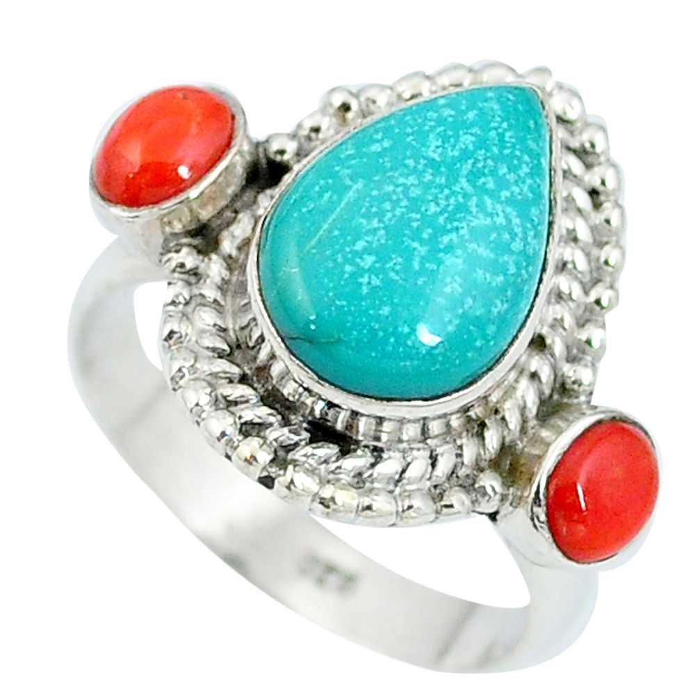 Natural green turquoise tibetan red coral 925 silver ring size 7 d27465