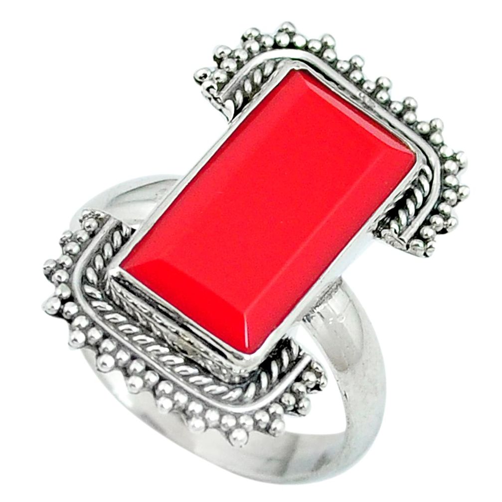 Red coral octagan 925 sterling silver ring jewelry size 6 d27470