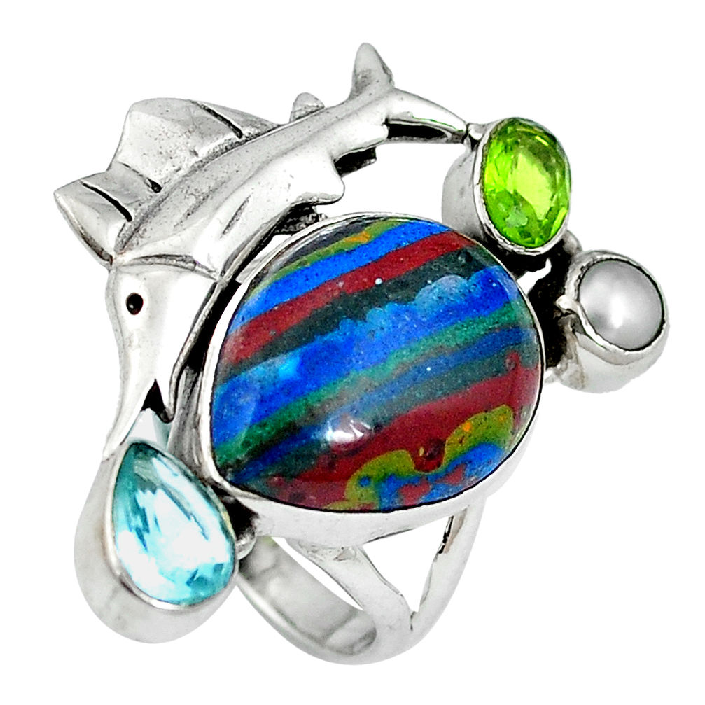 Natural multi color rainbow calsilica 925 silver ring size 5.5 d27487
