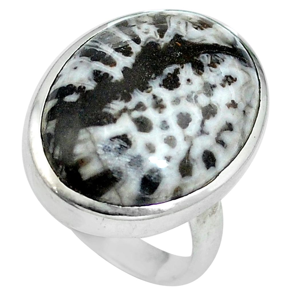 Natural black stingray coral from alaska 925 silver ring size 7.5 d27498