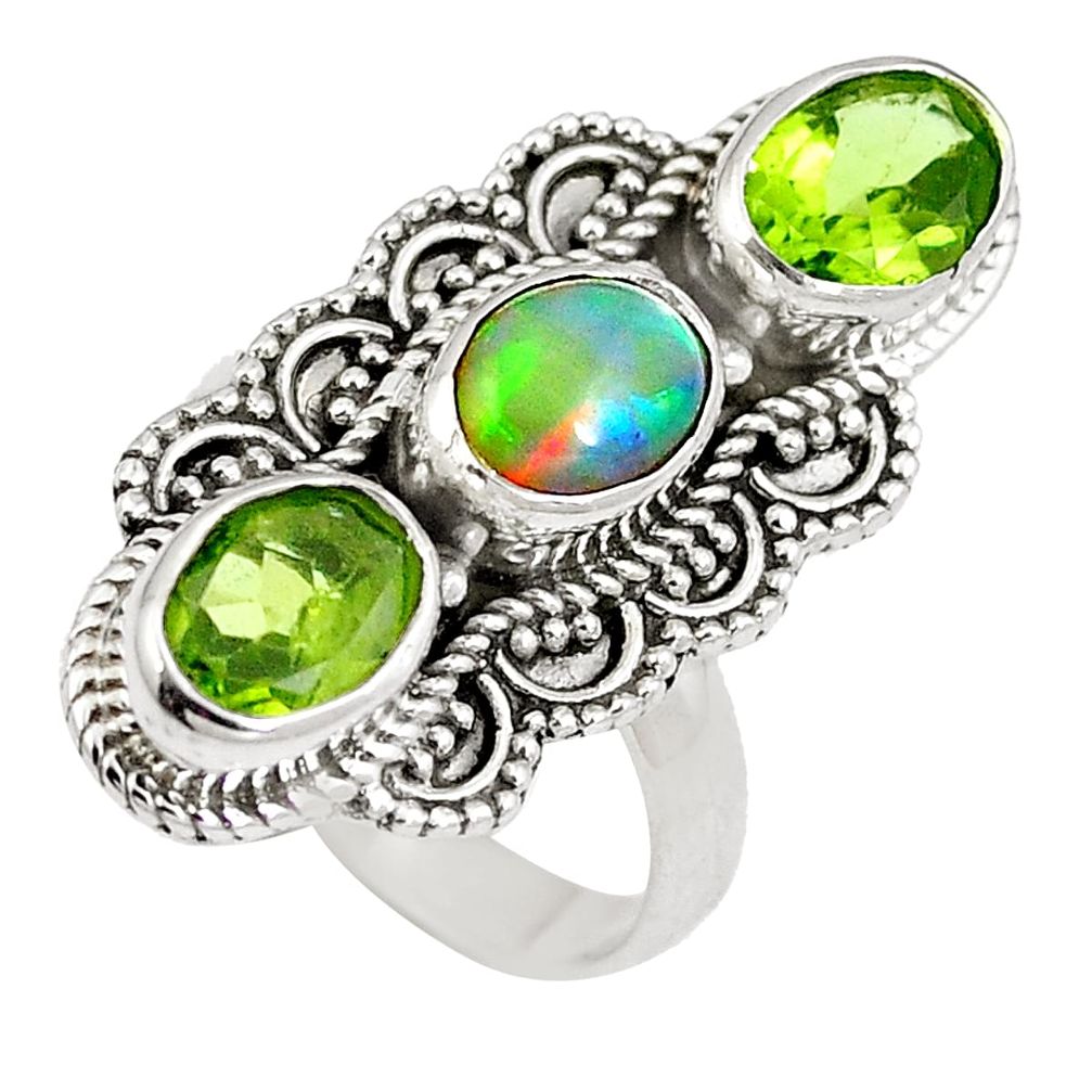 Natural multi color ethiopian opal peridot 925 silver ring size 7 d27501