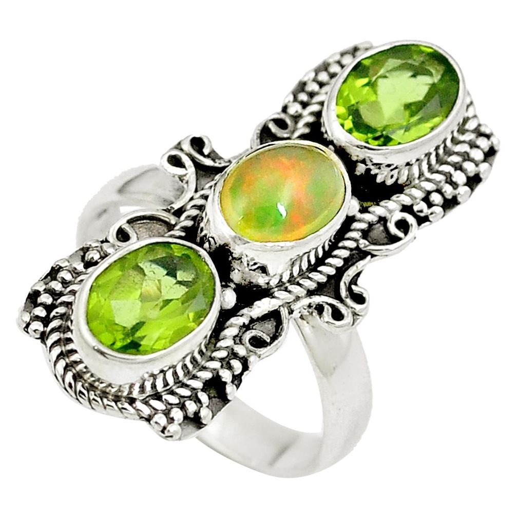 Natural multi color ethiopian opal peridot 925 silver ring size 7 d27502