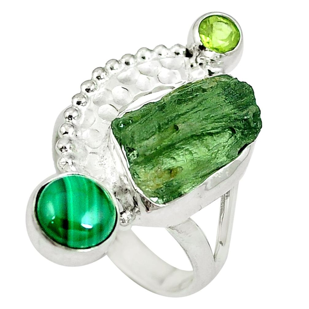 Moldavite (genuine czech) malachite 925 silver ring jewelry size 8 d27508