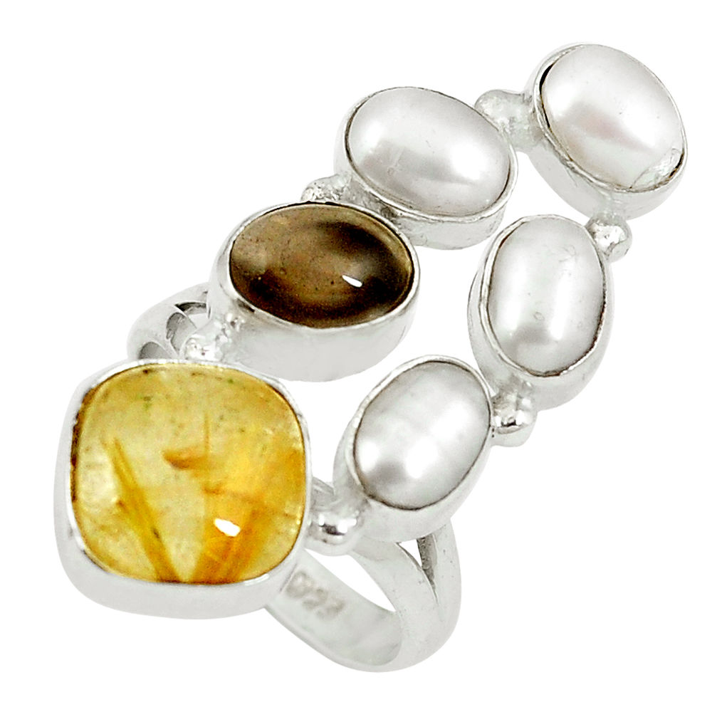 925 silver natural golden tourmaline rutile pearl ring size 7 d27519
