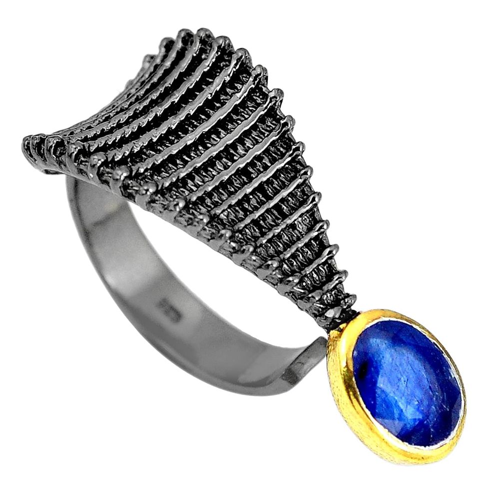 Natural blue kyanite 925 silver 14k gold adjustable ring size 8 d28031