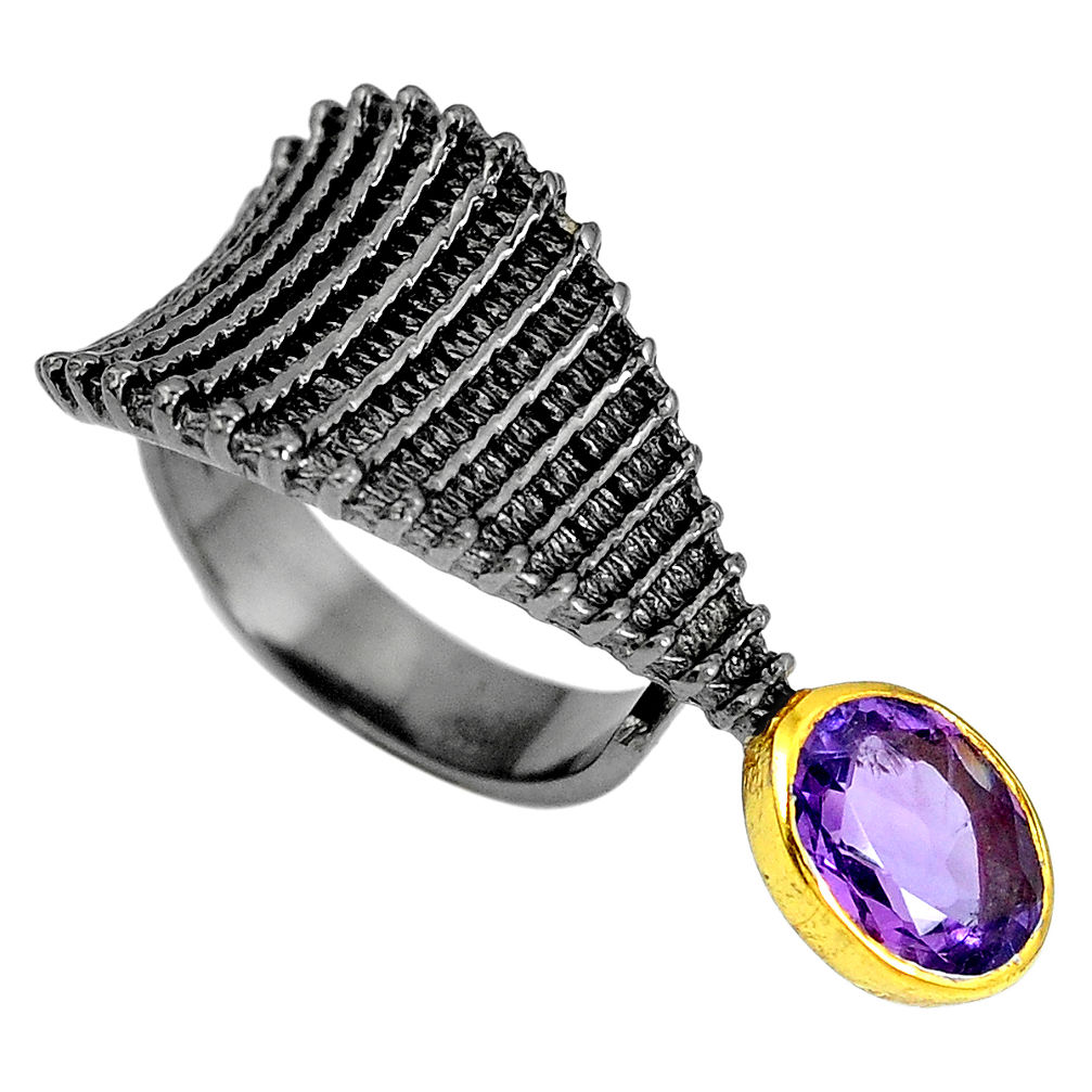 Natural purple amethyst 925 silver 14k gold adjustable ring size 6.5 d28036