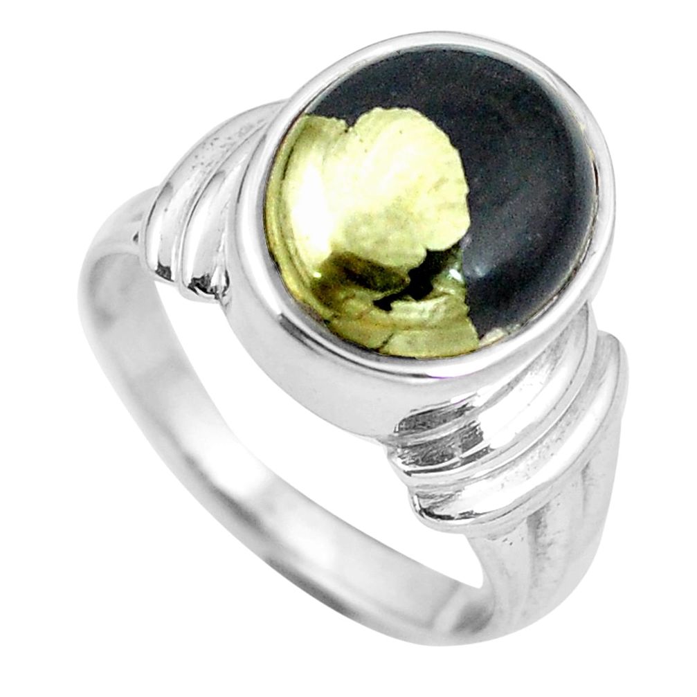 Natural golden pyrite in magnetite (healer's gold) 925 silver ring size 7 d28887