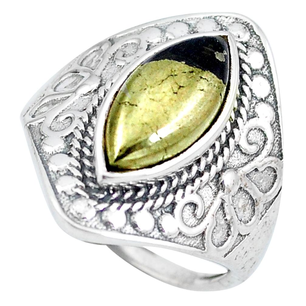 Natural golden pyrite in magnetite (healer's gold) 925 silver ring size 7 d28891