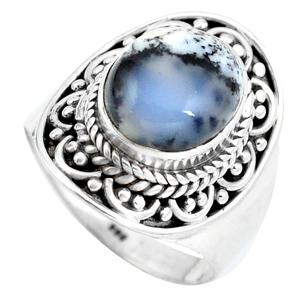 Natural white dendrite opal (merlinite) 925 silver ring jewelry size 7 d28909