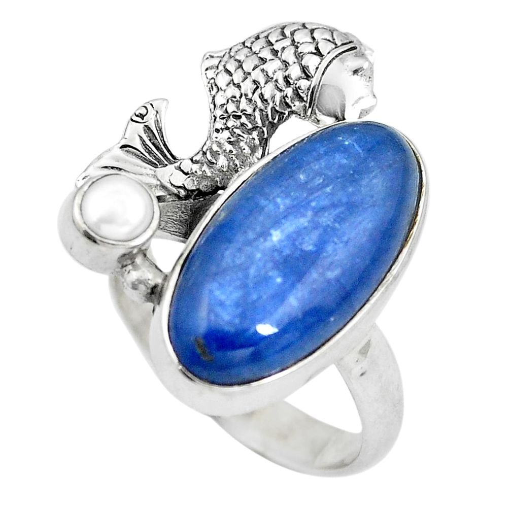 Natural blue kyanite white pearl 925 sterling silver fish ring size 8 d28939