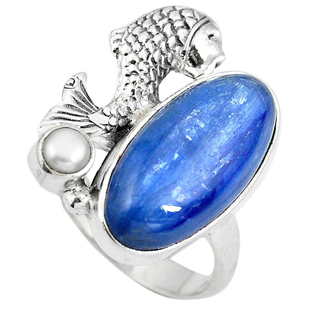 925 sterling silver natural blue kyanite white pearl fish ring size 7 d28940