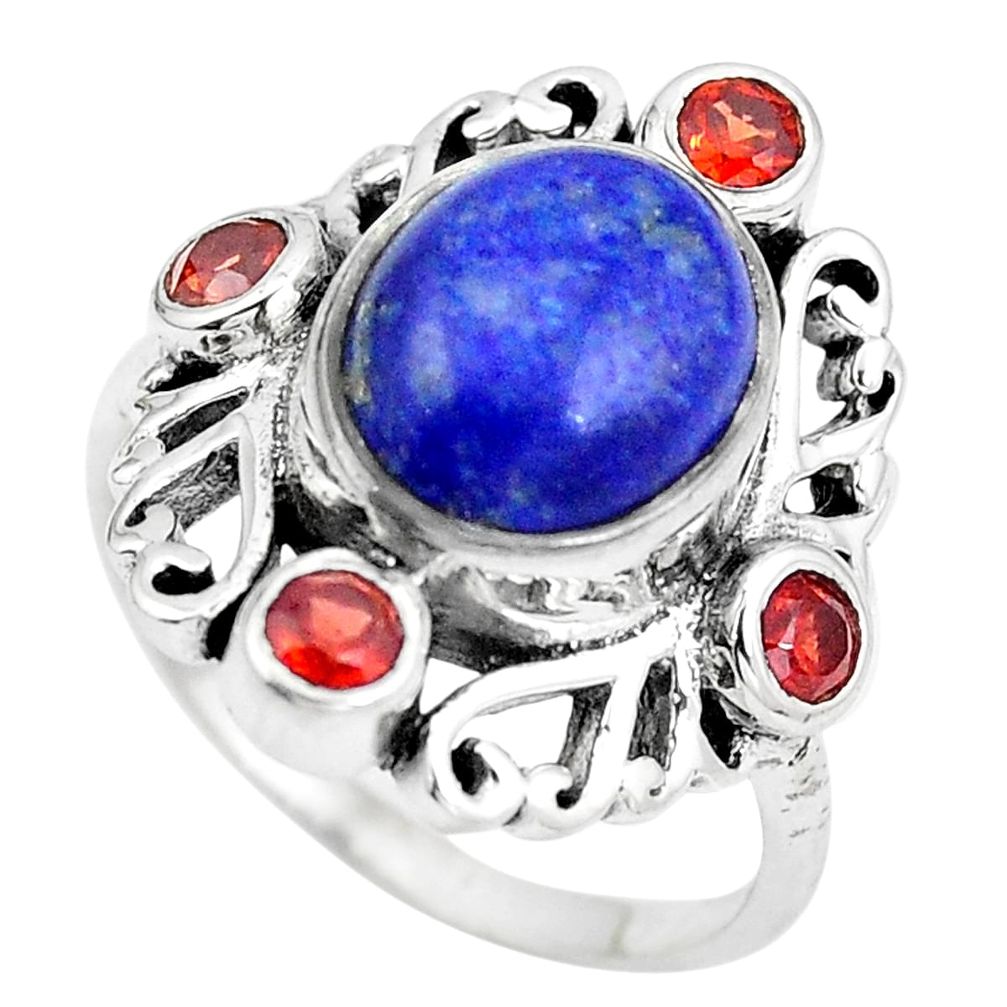 Natural blue lapis lazuli red garnet 925 sterling silver ring size 8 d28981