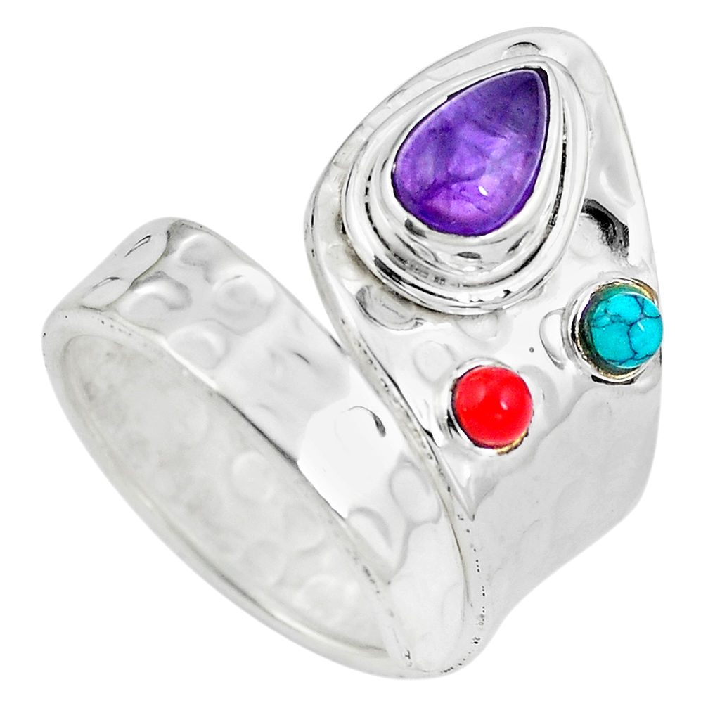 925 silver natural purple amethyst coral adjustable ring size 9 d28998