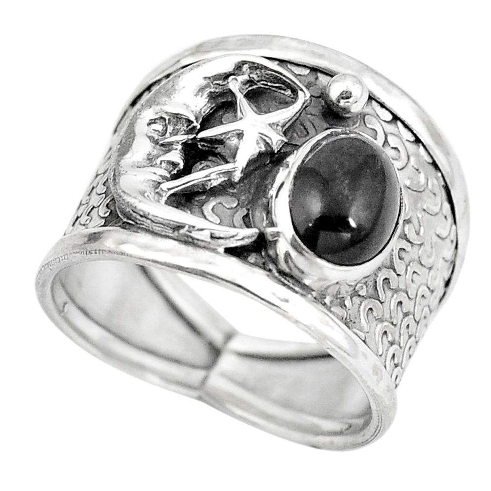 Natural black obsidian eye 925 silver crescent moon star ring size 6.5 d28999