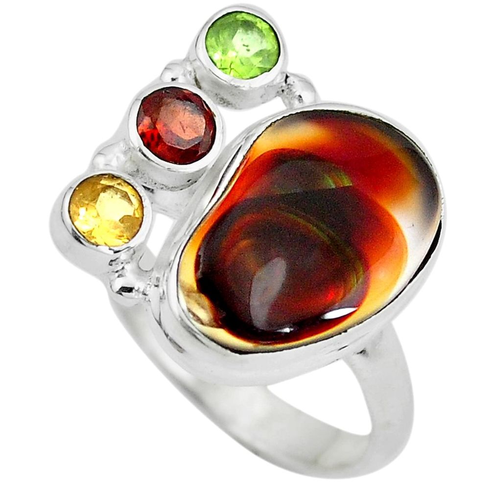 Natural multi color mexican fire agate peridot 925 silver ring size 7.5 d29002