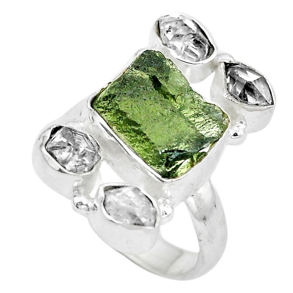 Natural green moldavite (genuine czech) 925 silver ring size 7.5 d29006