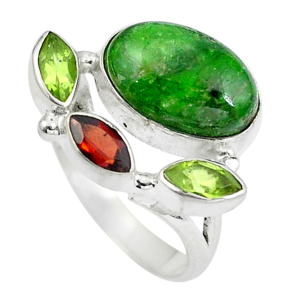 Natural green chrome diopside red garnet 925 silver ring size 7 d29009