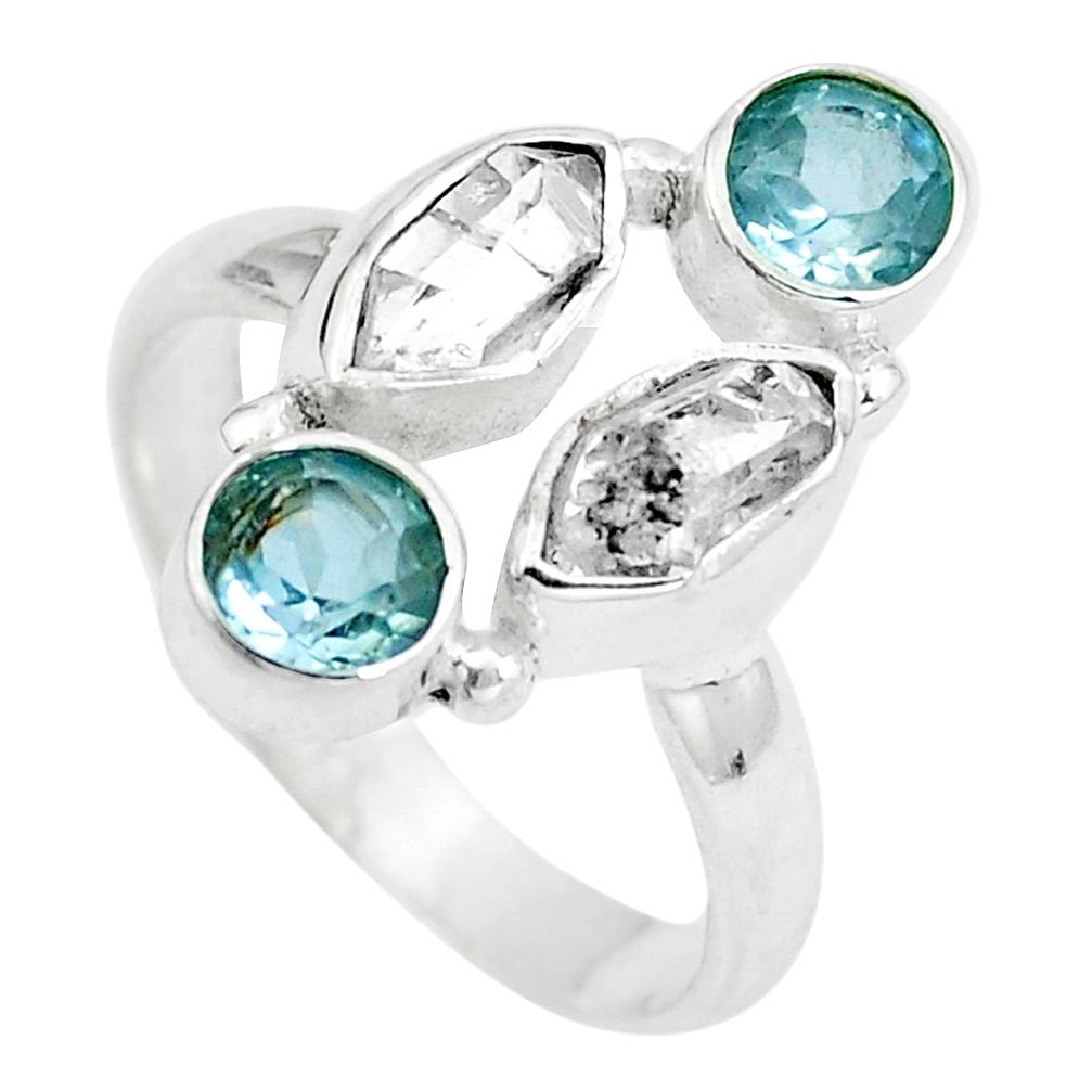 Natural white herkimer diamond blue topaz 925 silver ring size 7 d29024