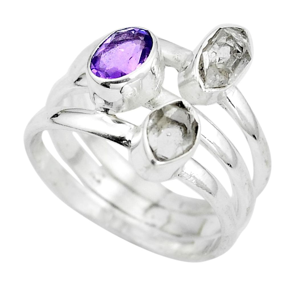 Natural white herkimer diamond purple amethyst 925 silver ring size 8 d29036