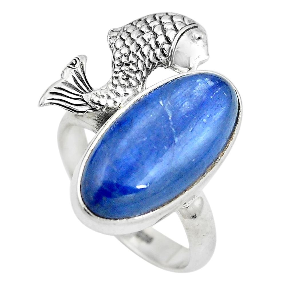 Natural blue kyanite 925 sterling silver fish ring size 8 d29044