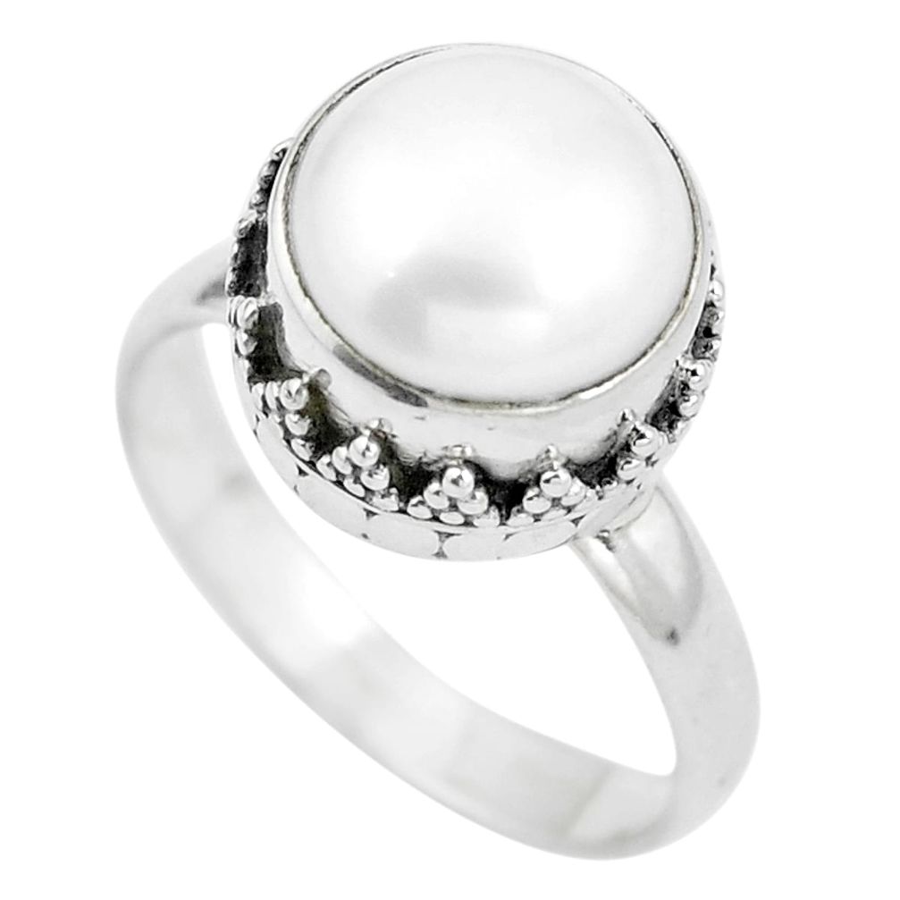 Natural white pearl round 925 sterling silver ring jewelry size 8 d29047