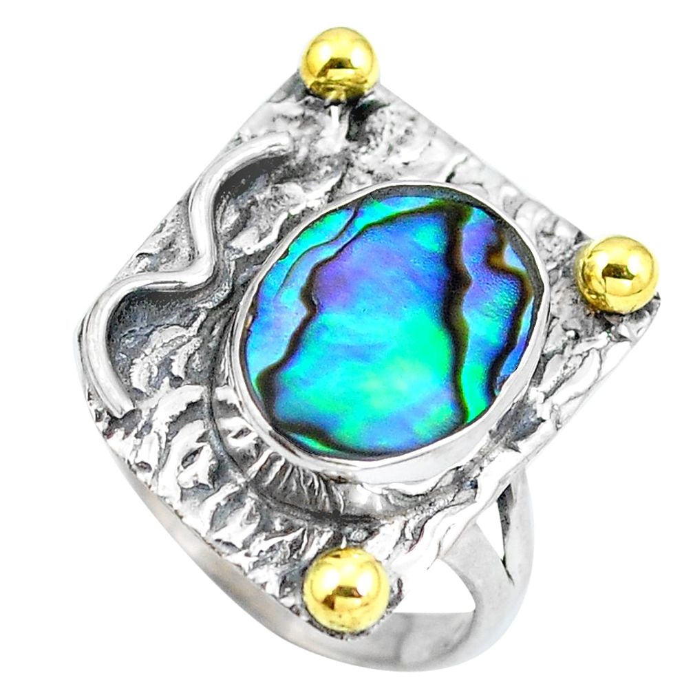 925 silver natural green abalone paua seashell 14k gold ring size 7 d29085