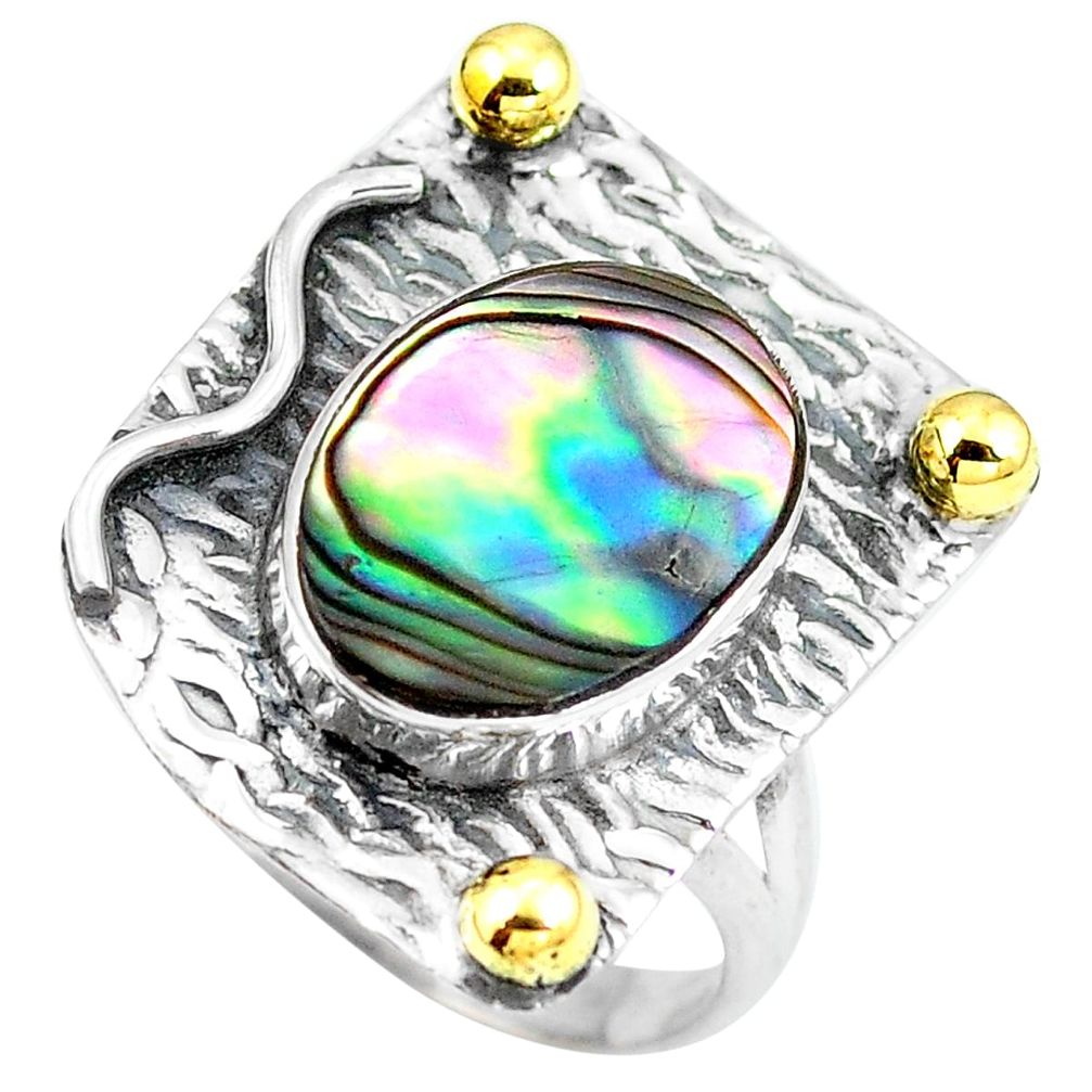 Natural green abalone paua seashell 925 silver 14k gold ring size 8.5 d29086