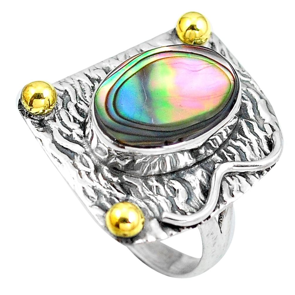 Natural green abalone paua seashell 925 silver 14k gold ring size 7 d29096