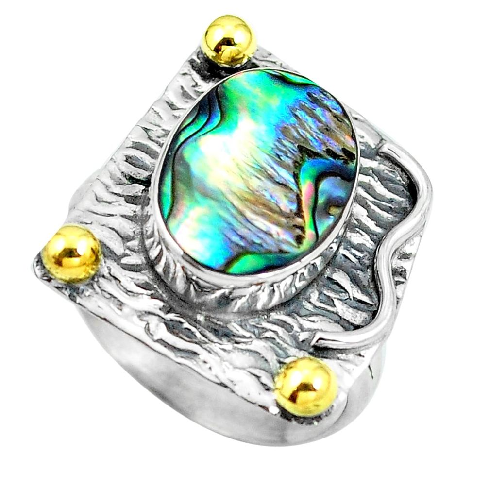 Natural green abalone paua seashell 925 silver 14k gold ring size 8.5 d29097
