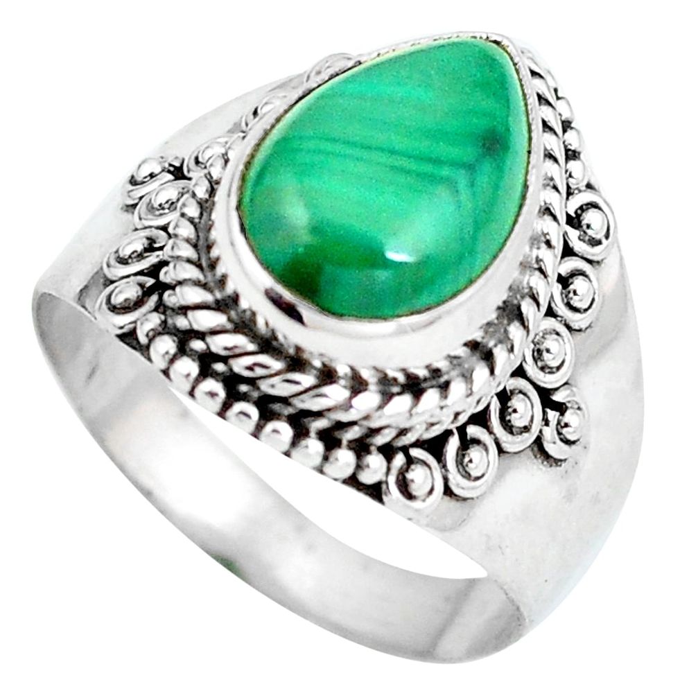 Natural green malachite (pilot's stone) pearl 925 silver ring size 7 d29103