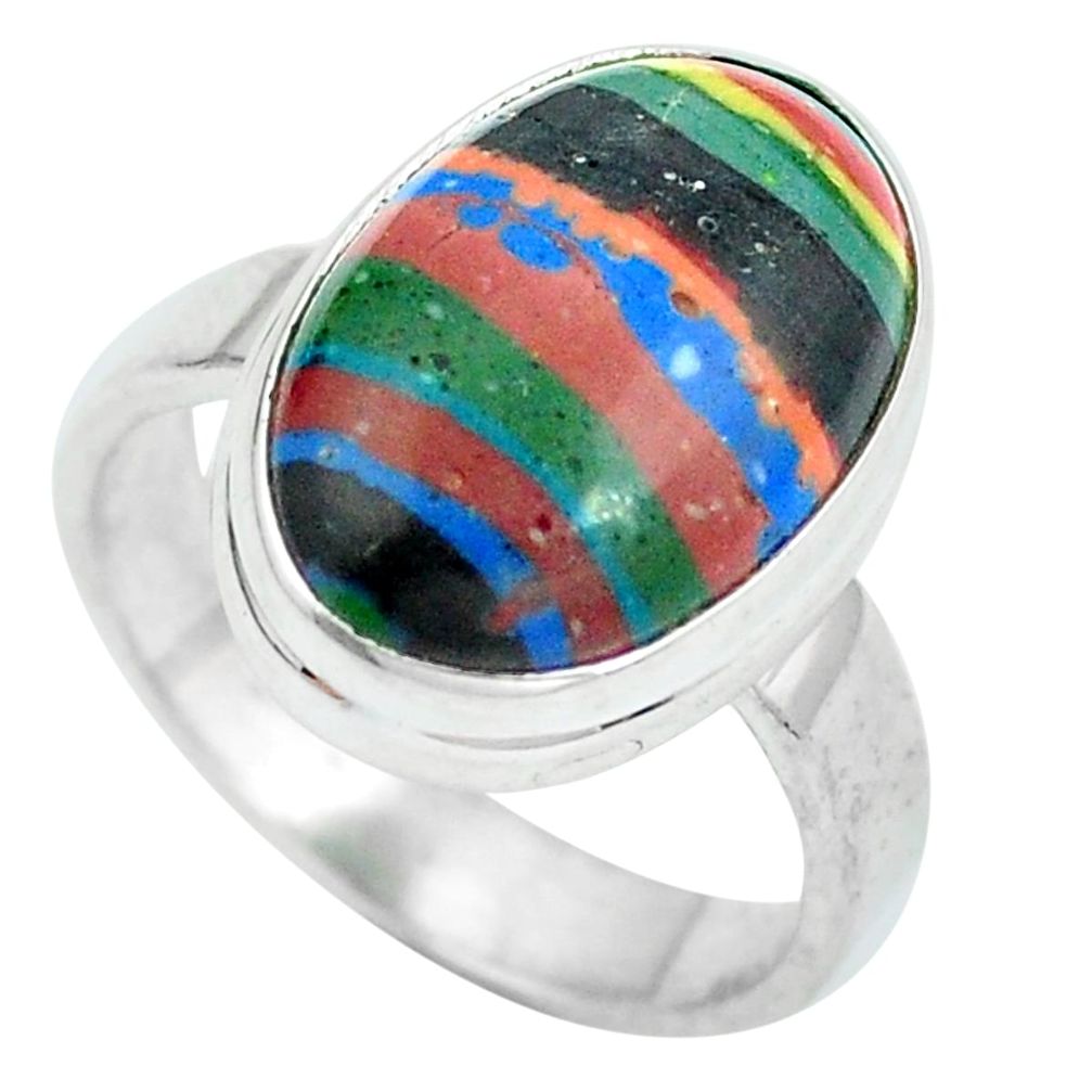 Natural multi color rainbow calsilica 925 silver ring jewelry size 7 d29133