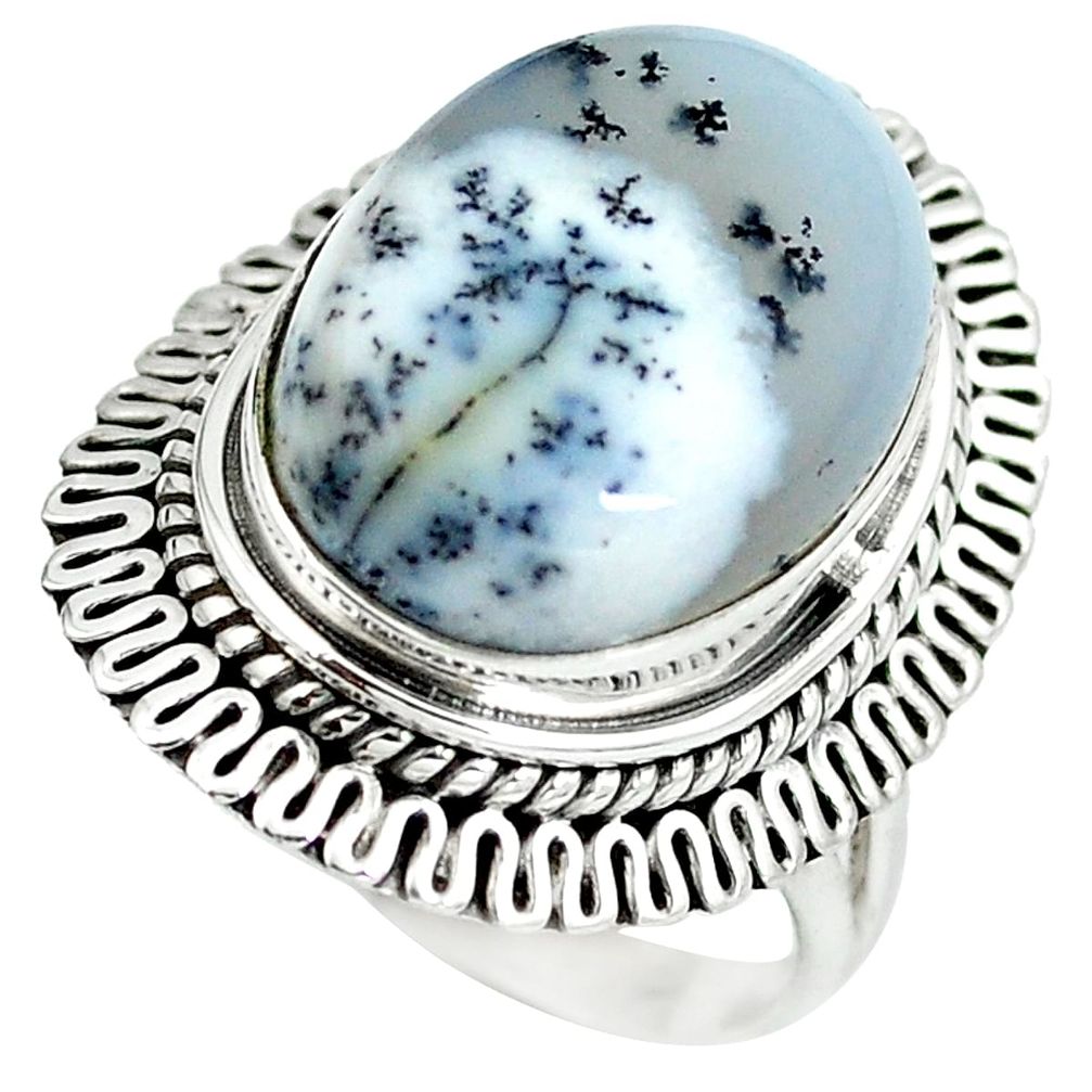 Natural white dendrite opal (merlinite) 925 silver ring jewelry size 7 d29141