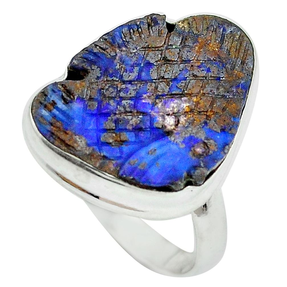 Natural blue boulder opal carving 925 silver ring jewelry size 9.5 d29162