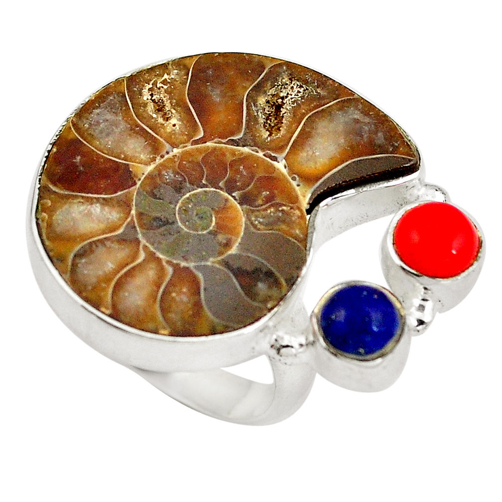 Natural brown ammonite fossil fancy coral 925 silver ring size 7.5 d29183