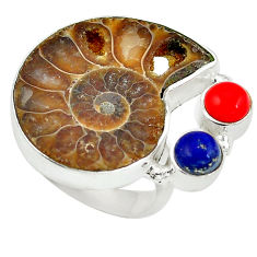 Natural brown ammonite fossil red coral 925 silver ring size 8.5 d29187