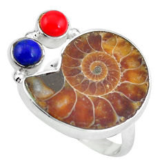 925 silver natural brown ammonite fossil red coral ring size 9.5 d29200