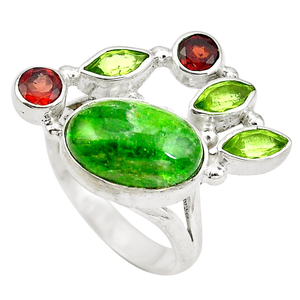 Natural green chrome diopside red garnet 925 silver ring size 6 d29203