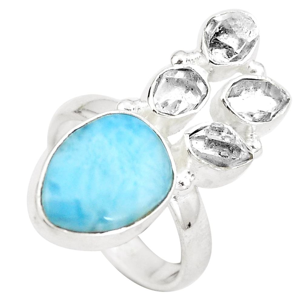 Natural blue larimar herkimer diamond 925 silver ring size 6.5 d29232