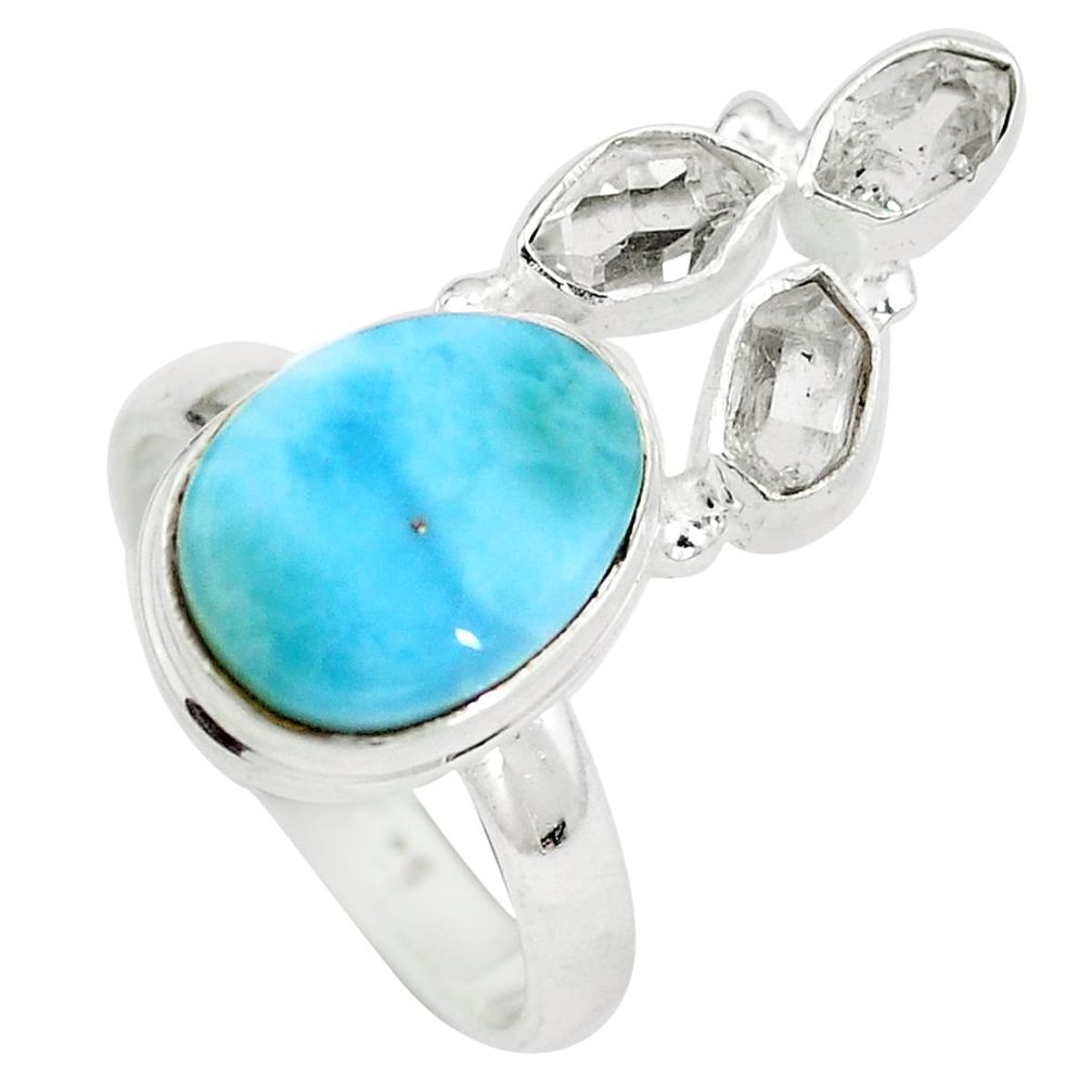 Natural blue larimar herkimer diamond 925 silver ring jewelry size 7.5 d29240