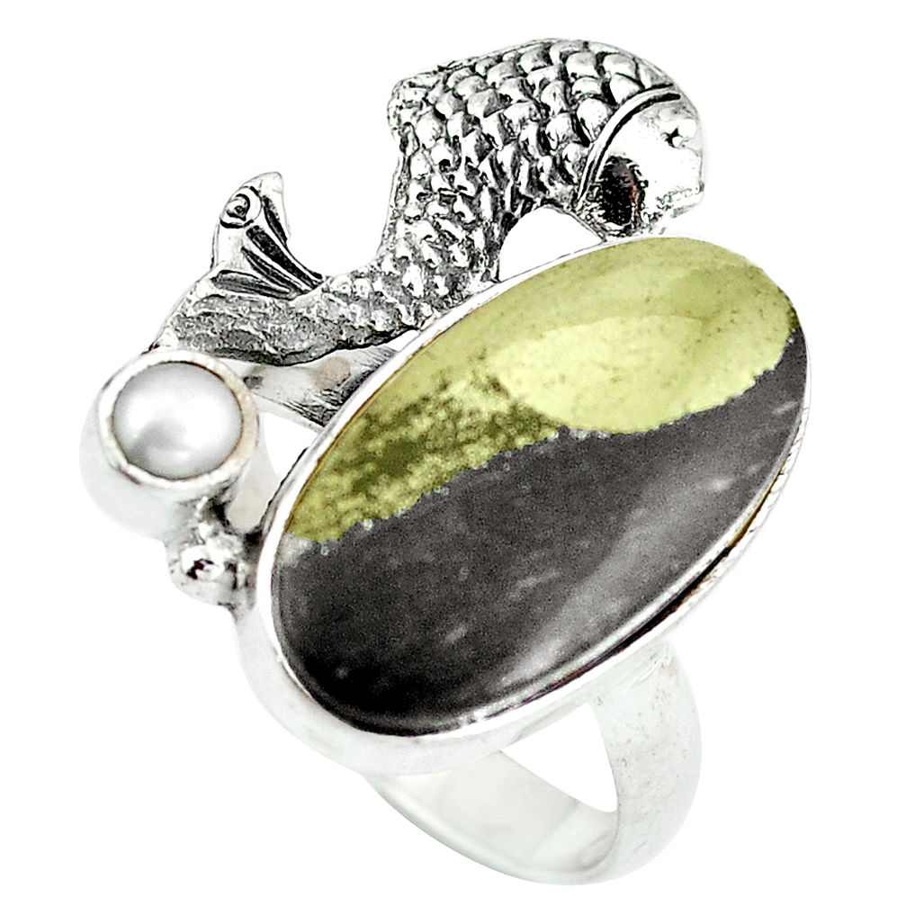 Golden pyrite in magnetite (healer's gold) 925 silver fish ring size 7.5 d29243