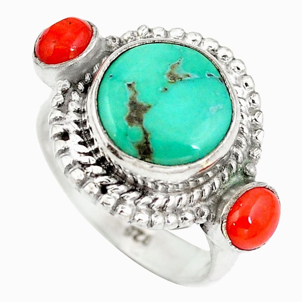 Natural green turquoise tibetan red coral 925 silver ring size 5.5 d29252