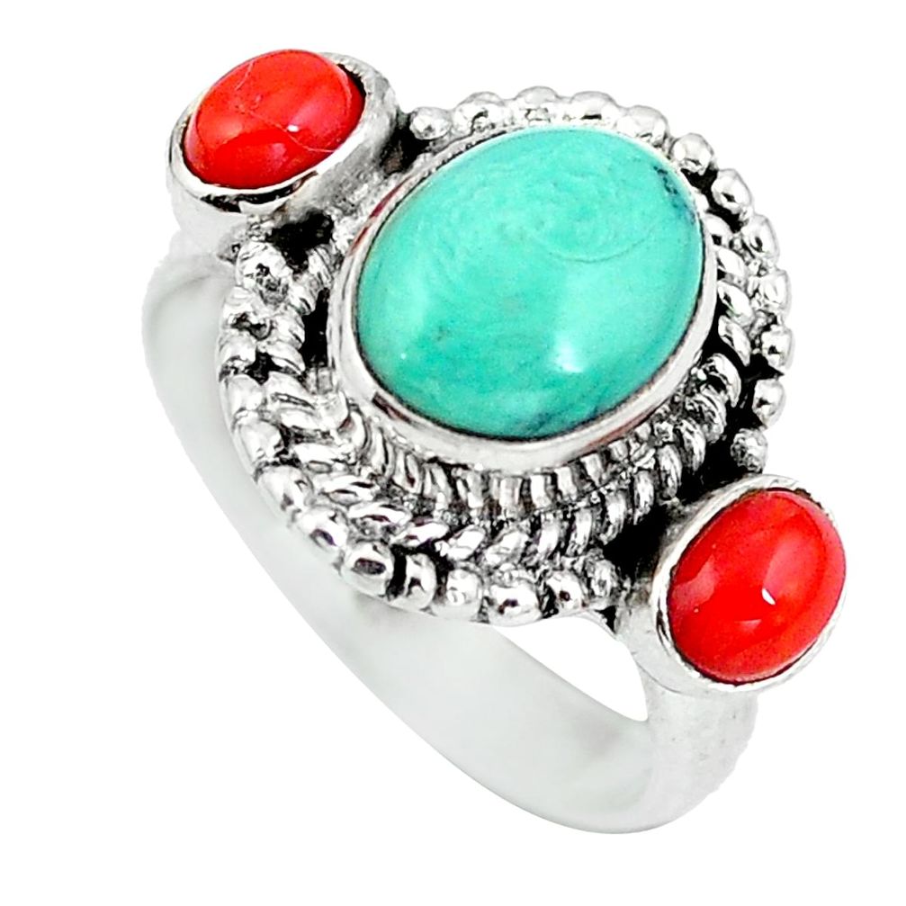 Natural green turquoise tibetan coral 925 silver ring size 6 d29254