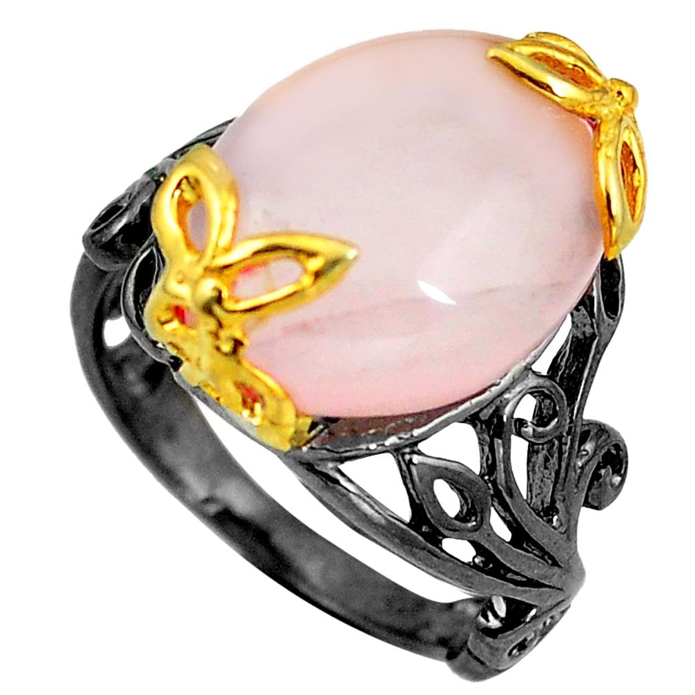 Natural pink rose quartz black rhodium 925 silver 14k gold ring size 7 d29281