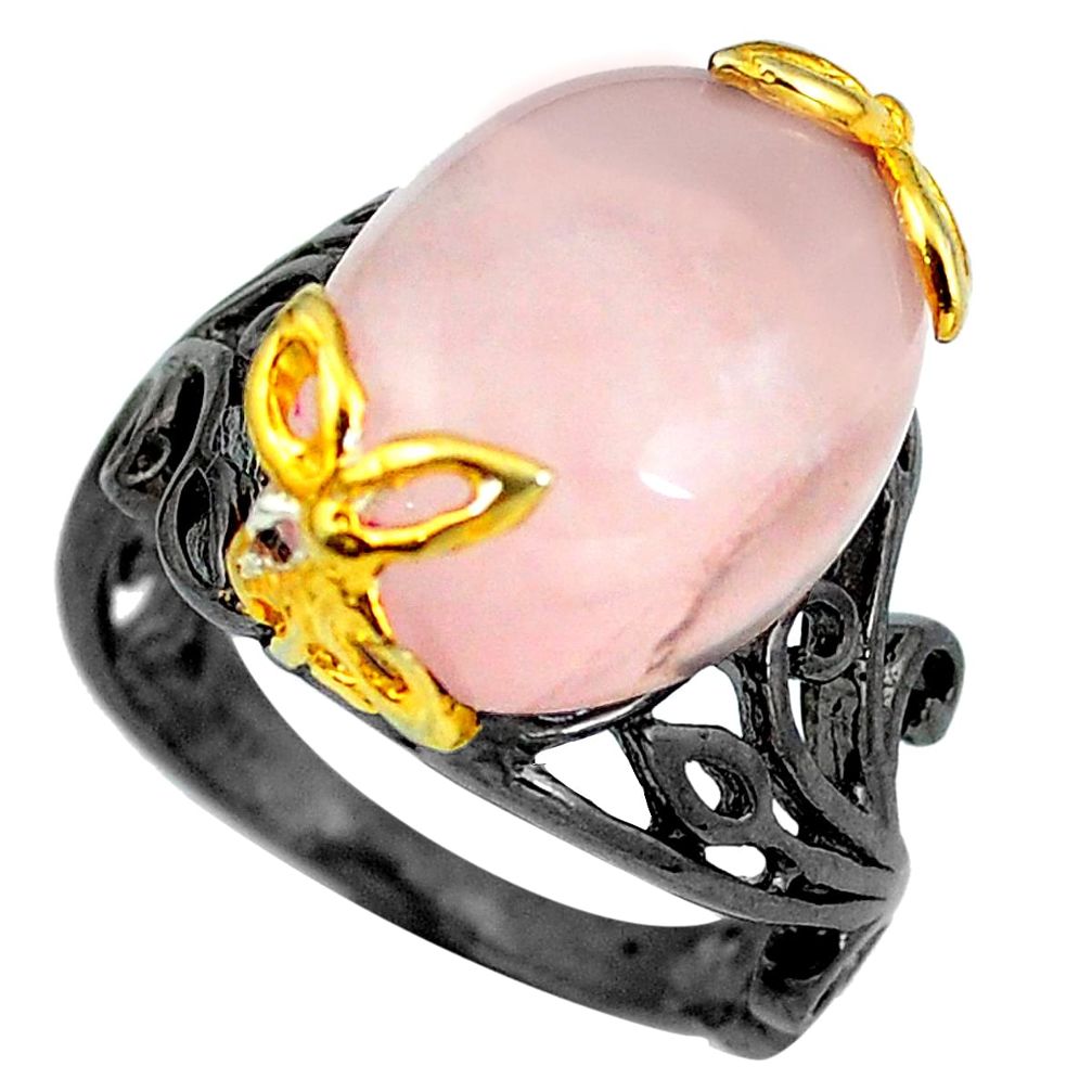 Natural pink rose quartz rhodium 925 silver 14k gold ring size 7 d29295