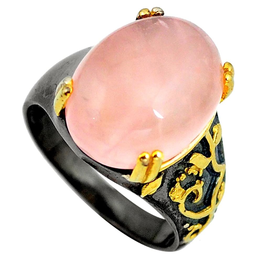 Natural pink rose quartz rhodium 925 silver 14k gold ring size 8 d29296