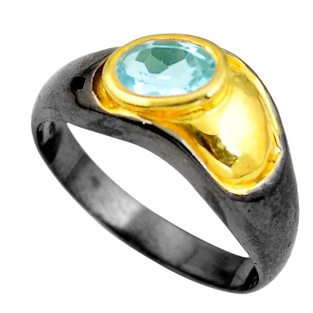 Natural blue topaz rhodium 925 sterling silver 14k gold ring size 9 d29302