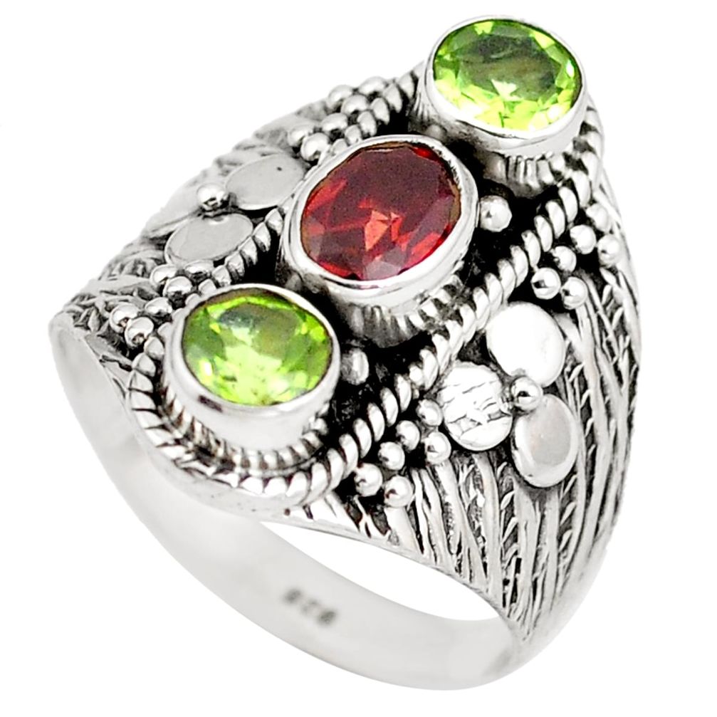 Natural red garnet green peridot 925 sterling silver ring size 8 d29313