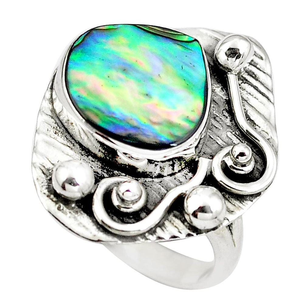 Natural green abalone paua seashell 925 silver ring size 8.5 d29332