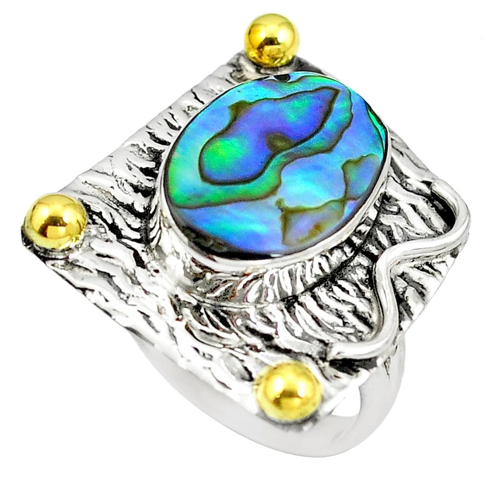 925 silver natural green abalone paua seashell 14k gold ring size 7.5 d29335